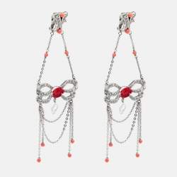 Pre Owned Dior Silver Tone Floral Resin Crystal Bow Detail Jewelery Set