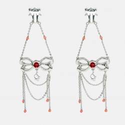 Pre Owned Dior Silver Tone Floral Resin Crystal Bow Detail Jewelery Set