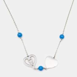 Dior Silver Tone Crystal Heart & Blue Bead Necklace