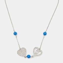 Dior Silver Tone Crystal Heart & Blue Bead Necklace