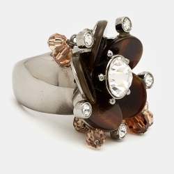 Dior Resin Crystal Beads Silver Tone Ring Size 55