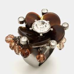 Dior Resin Crystal Beads Silver Tone Ring Size 55