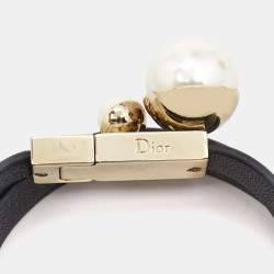 Pre Owned Dior Mise En Dior Leather Faux Pearl Gold Tone Double Wrap Bracelet