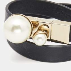 Pre Owned Dior Mise En Dior Leather Faux Pearl Gold Tone Double Wrap Bracelet