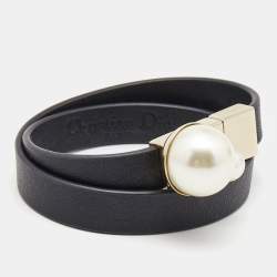 Pre Owned Dior Mise En Dior Leather Faux Pearl Gold Tone Double Wrap Bracelet