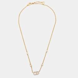Pre Owned Dior Clair D Lunes Crystals Faux Pearl Gold Tone Necklace