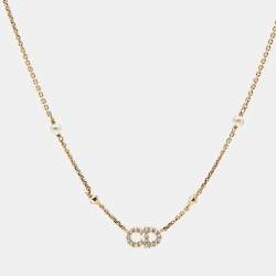 Pre Owned Dior Clair D Lunes Crystals Faux Pearl Gold Tone Necklace