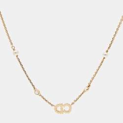 Pre Owned Dior Clair D Lunes Crystals Faux Pearl Gold Tone Necklace