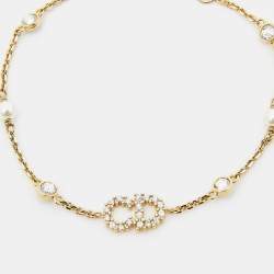 Pre Owned Dior Clair D Lune Crystal Faux Pearl Gold Tone Bracelet