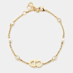 Pre Owned Dior Clair D Lune Crystal Faux Pearl Gold Tone Bracelet