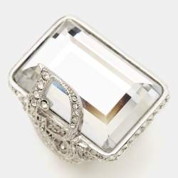 Dior Vintage Statement Crystal Logo Silver Tone Ring Size 54