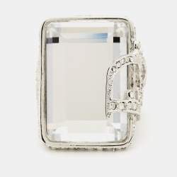 Dior Vintage Statement Crystal Logo Silver Tone Ring Size 54