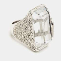 Dior Vintage Statement Crystal Logo Silver Tone Ring Size 54