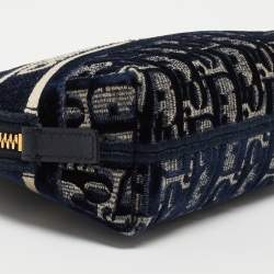 Pre Owned Dior Navy Blue/White Oblique Velvet Cosmetic Pouch