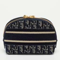 Pre Owned Dior Navy Blue/White Oblique Velvet Cosmetic Pouch