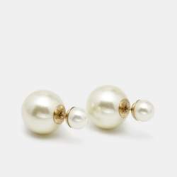 Pre Owned Dior Tribales Faux Pearl Gold Tone Earrings