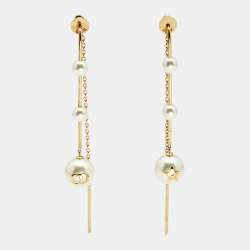 Dior Faux Pearl Gold Tone Chain Dangle Earrings