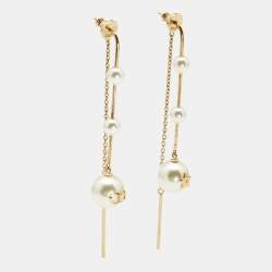 Dior Faux Pearl Gold Tone Chain Dangle Earrings