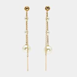 Dior Faux Pearl Gold Tone Chain Dangle Earrings