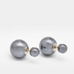 Pre Owned Dior Tribales Grey Faux Pearl Silver Tone Stud Earrings