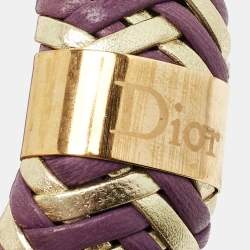Pre Owned Dior Bicolor Leather Gold Tone Wide Bracelet