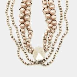 Pre Owned Dior Mise En Dior Pink Faux Pearl & Crystal Silver Tone Layered Necklace