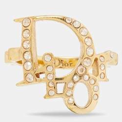 Dior Gold Tone Crystal Studded Oblique Ring Size 50