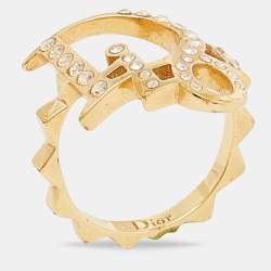 Dior Gold Tone Crystal Studded Oblique Ring Size 50