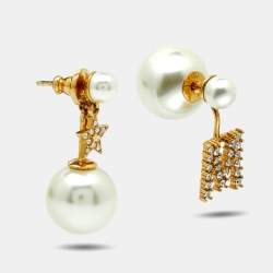Pre Owned Dior Tribales Letter M & Star Crystal Faux Pearl Gold Tone Asymmetric Earrings