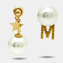 Pre Owned Dior Tribales Letter M & Star Crystal Faux Pearl Gold Tone Asymmetric Earrings
