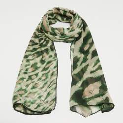 Dior Green Leopard Print Silk Scarf