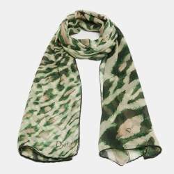 Dior Green Leopard Print Silk Scarf
