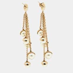 Pre Owned Dior Faux Pearl & Gold Tone Multi Chain Drop Earrings
