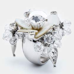 Pre Owned Dior Flower Mother of Pearl Crystal Glass Beads Silver Tone Ring Size 52