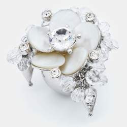 Pre Owned Dior Flower Mother of Pearl Crystal Glass Beads Silver Tone Ring Size 52