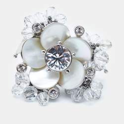 Pre Owned Dior Flower Mother of Pearl Crystal Glass Beads Silver Tone Ring Size 52