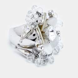 Pre Owned Dior Flower Mother of Pearl Crystal Glass Beads Silver Tone Ring Size 52