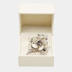 Pre Owned Dior Flower Mother of Pearl Crystal Glass Beads Silver Tone Ring Size 52