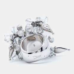 Pre Owned Dior Flower Mother of Pearl Crystal Glass Beads Silver Tone Ring Size 52