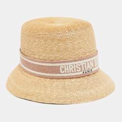 Christian Dior Beige/Pink Straw Logo Band Detail Dioresort Hat Size 57