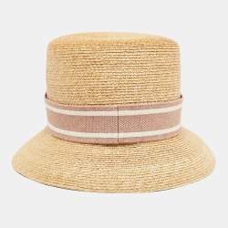 Christian Dior Beige/Pink Straw Logo Band Detail Dioresort Hat Size 57
