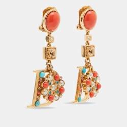 Dior Gold Tone Crystal Composite Gold Tone Drop D Clip-on Earrings
