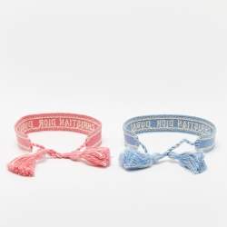 Pre Owned Dior Placid Blue/Pink Christain Dior Dubai Embroidered Cotton Bracelet Set
