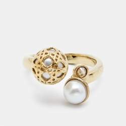 Dior Secret Cannage Faux Pearl Crystal Gold Tone Open Ring Size 53 