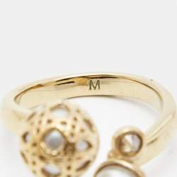 Dior Secret Cannage Faux Pearl Crystal Gold Tone Open Ring Size 53 