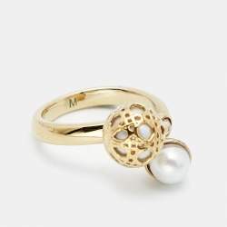 Dior Secret Cannage Faux Pearl Crystal Gold Tone Open Ring Size 53 