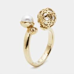 Dior Secret Cannage Faux Pearl Crystal Gold Tone Open Ring Size 53 