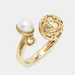 Dior Secret Cannage Faux Pearl Crystal Gold Tone Open Ring Size 53 