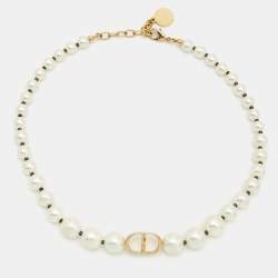 Pre Owned Dior 30 Montaigne Faux Pearl Gold Tone Choker Necklace