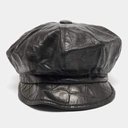 Pre Owned Dior Black Croc Embossed Leather Newsboy Cap